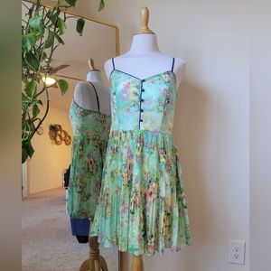 Green Floral Pleated Dress